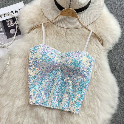 Sexy Sequin Party spaghetti Croset Bustier backless Slim Tanks and Camis Strap Glitter Crop Top Fashion Summer Women Clothes Y2k