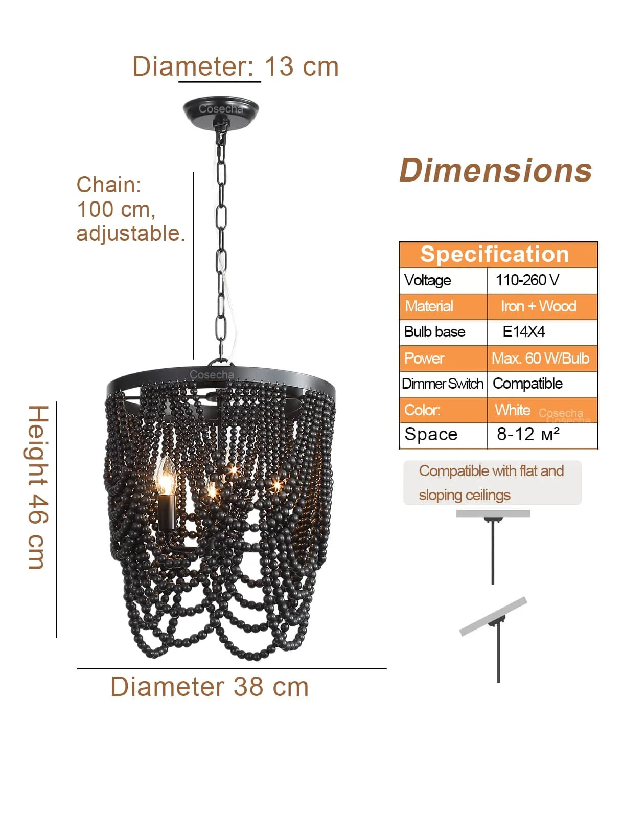 French Country white wood Bead Chandelier dining room bedroom princess Decorative chandelier 3/5 lights hanging light fixture