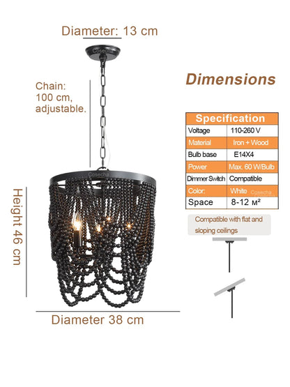 French Country white wood Bead Chandelier dining room bedroom princess Decorative chandelier 3/5 lights hanging light fixture