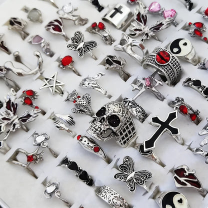  8/10/15/20Pieces Retro Gothic Punk Red Butterfly Rings For Women Mix Style Vintage Skull Heart Stackable Jewelry Party Gifts