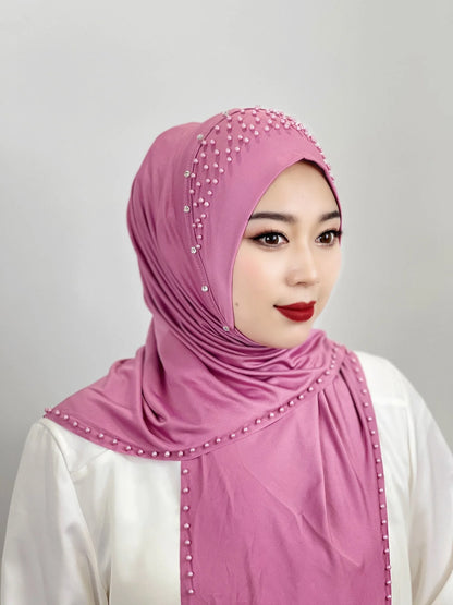 2026 Fashion Versatile Beaded Hijab for Women,Mid-Length Convenient Pull-over Hat Scarf,Malay Shawl Pure Color Women's Headscarf