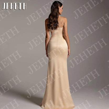 JEHETH Satin Mermaid Evening Dresses Charming Lady Prom Gown Elegant Strapless Ruched Party Dress Champagne Customized Woman