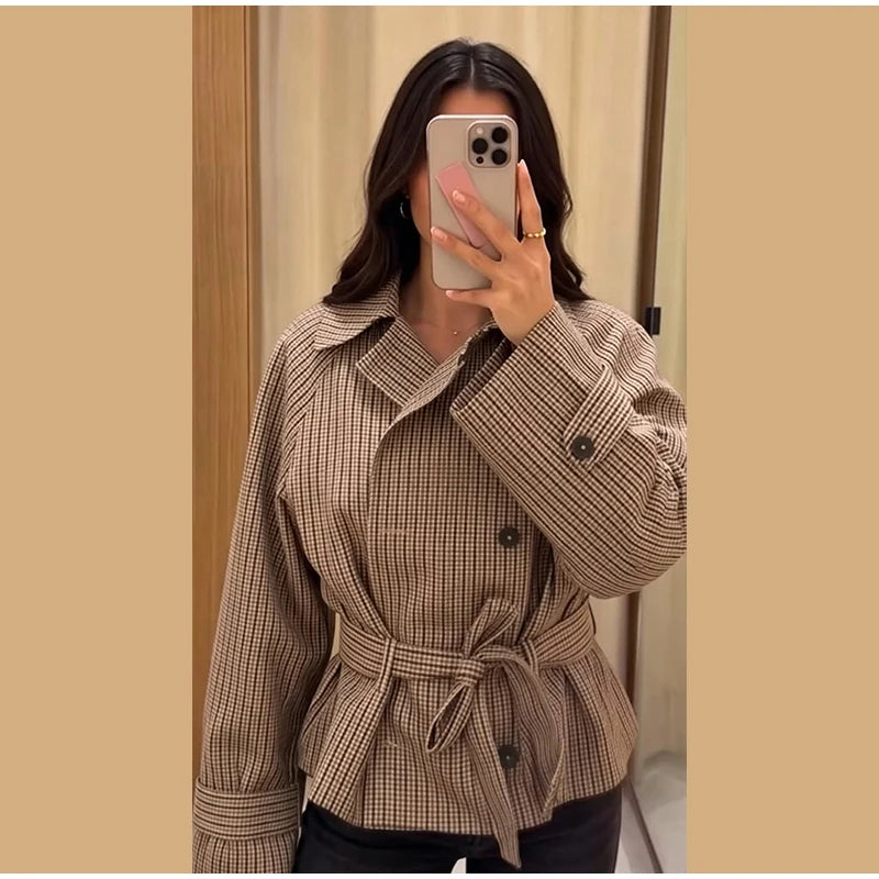 Plaid Cropped Trench Coat Lapel Collar Double Breasted Belted Waist Long Sleeve Women All-match Coats 2026 Autumn Commute Outfit