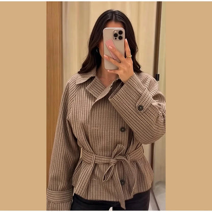Plaid Cropped Trench Coat Lapel Collar Double Breasted Belted Waist Long Sleeve Women All-match Coats 2026 Autumn Commute Outfit