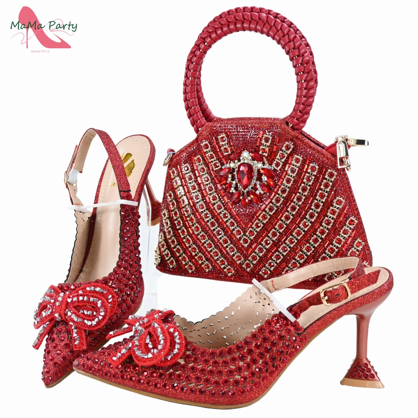 Purple Color New Arrivals Italian Design Nigerian Women Shoes and Bag Set Pointed Toe Slipper with Shinning Crystal for Party