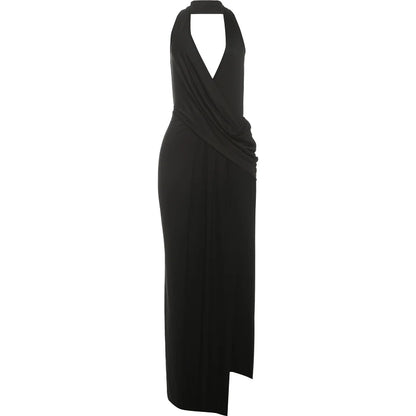 Sisterlinda Sexy High Splits Long Dress Women Halter Deep V-Neck Backless Sleeveless Summer Pool Party Ruched Elegant Vestidos