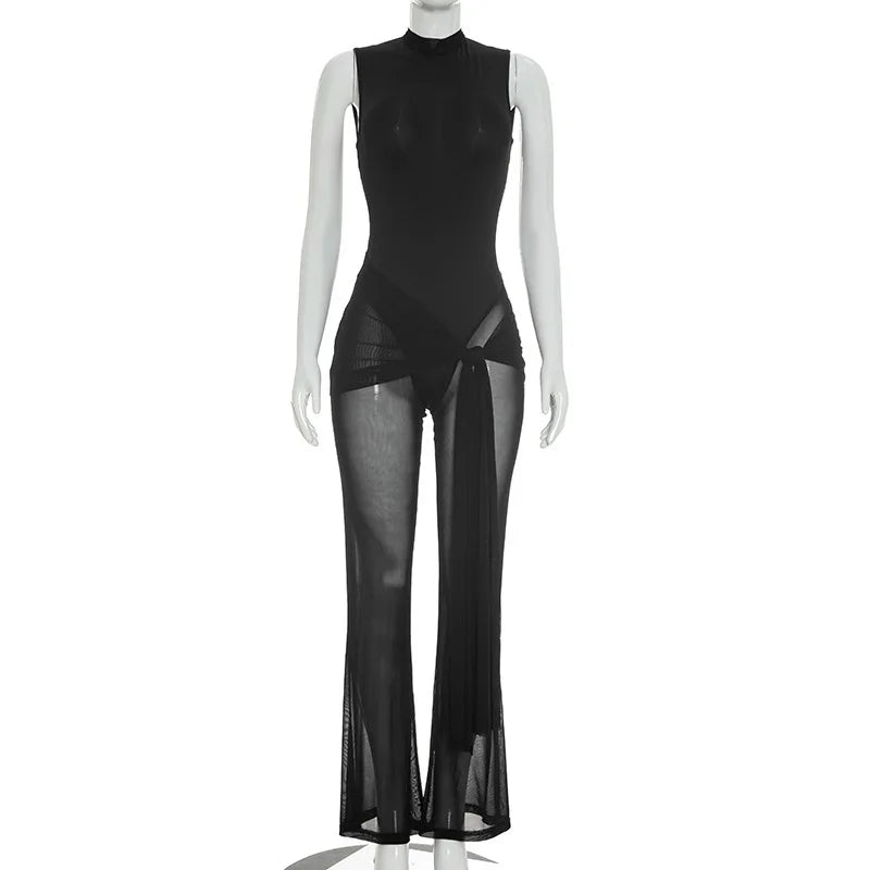 Sibybo Sleeveless Sheer Mesh Patchwork Women Jumpsuit Black Backless Ribbons High Stretch Bodycon Rompers Female Party Clubwear