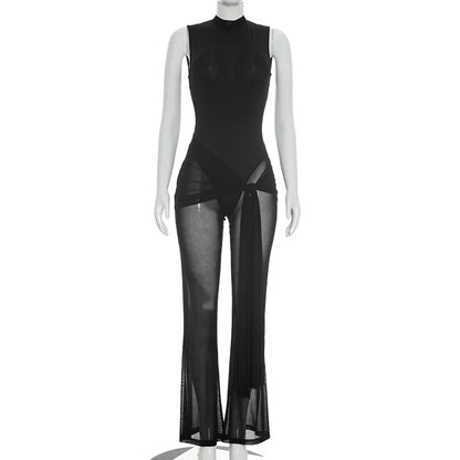 Sibybo Sleeveless Sheer Mesh Patchwork Women Jumpsuit Black Backless Ribbons High Stretch Bodycon Rompers Female Party Clubwear