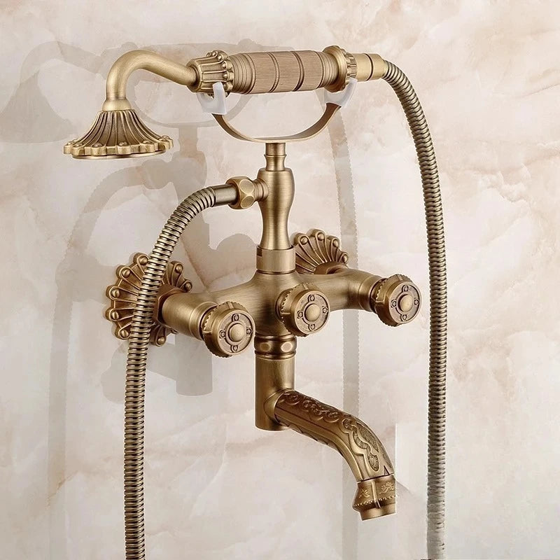 Antique Brass Bathtub Shower Faucets Set Wall Mounted Bath Shower Set Swivel Tub Spout Bath Shower Dual Control Carved Mixer Tap