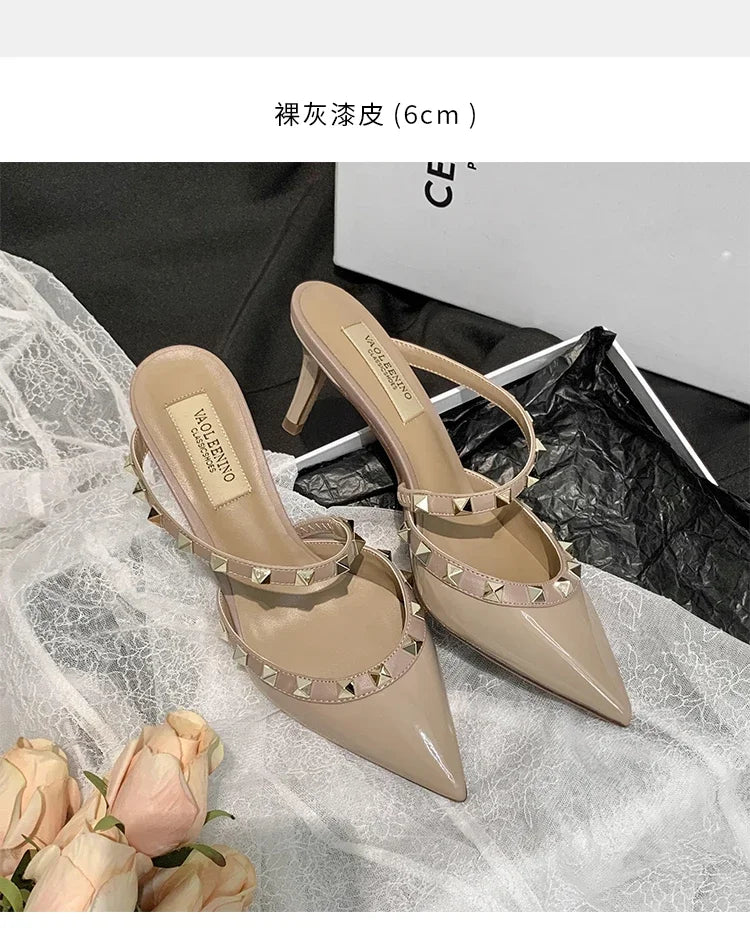 Heeled Sandals Summer Luxury Brand Rivets Women Slippers Fashion Leather Slingbacks Heels Slippers Designer Party Prom Shoes