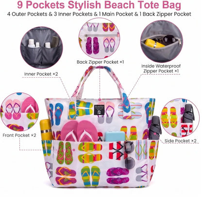 9 Pockets Large Beach Tote 35L Waterproof Sandproof Polyester Bag Women Summer Pool Travel Handbag Portable Swim Shoulder Bag