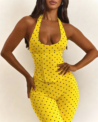 Doyerl Polka Dot One Piece Jumpsuits for Woman Club Outfits Halter V-neck Backless Lace-up Bandage Corset Bodycon Romper Mono