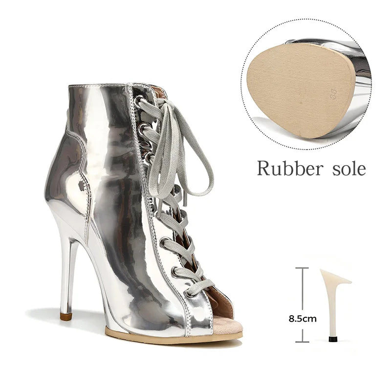 Women Sexy Thin High Heel Dance Shoes Party Ballroom Pole Jazz Lace Up Platform Dancing Boots Short Tube Heels 8.5/9.5CM Booties