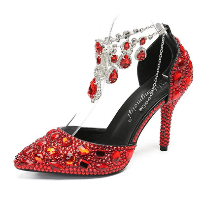 2024 Autumn Slim Heels Shallow Mouth Luxury Blue Water Diamond Pearl Women Single Shoes 9CM Wedding Party Shoes Sandalias Mujer