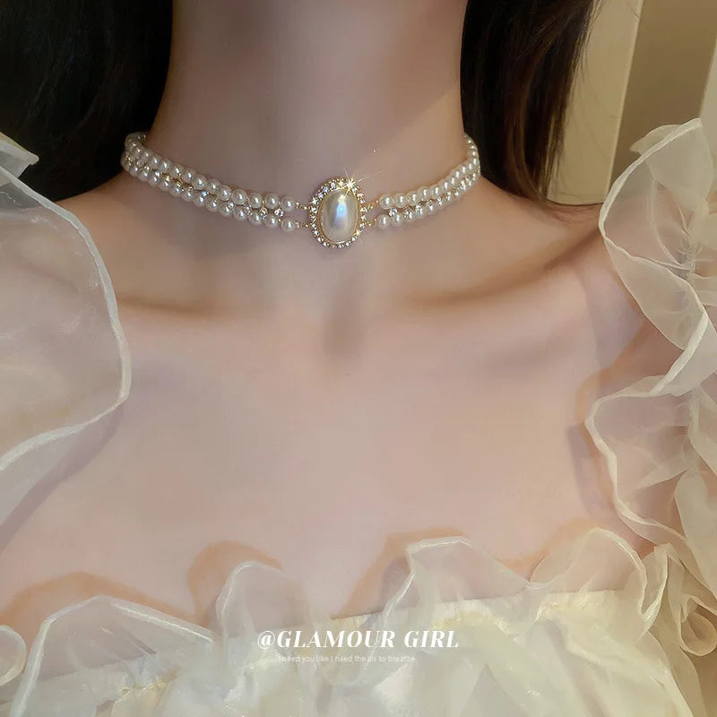 Crystal Rhinestone Oval Multi Layered Beaded Pearl Chokers Necklaces for Women Charms Temperament Elegant Necklace Noble Jewelry
