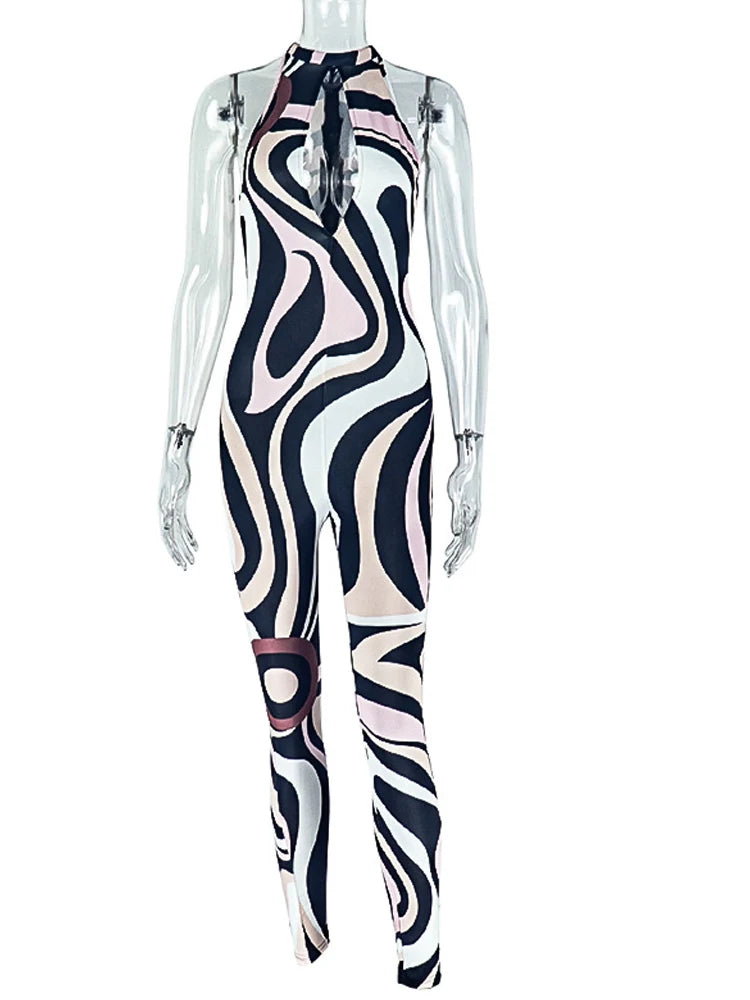 Kricesseen Sexy Tiger Animal Print Graphic Jumpsuit for Women Hollow Out Skinny Sleeveless One Piece Club Outfits Female Rompers