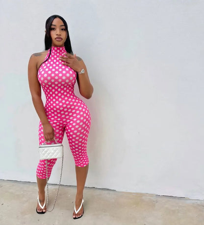 European and American New Style Women's Clothing Spring and Summer Polka Dot Print Elastic Halter Neck Backless Slim Fit Jumpsuit Women's Jumpsuit