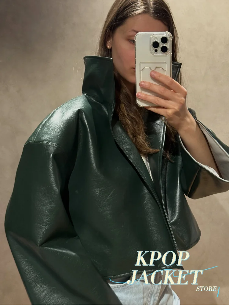 Women Cropped PU Leather Jacket Stand Collar Wide Flare Sleeve Asymmetrical Wrap Open Front Coat 2026 Autumn Chic Loose Jackets