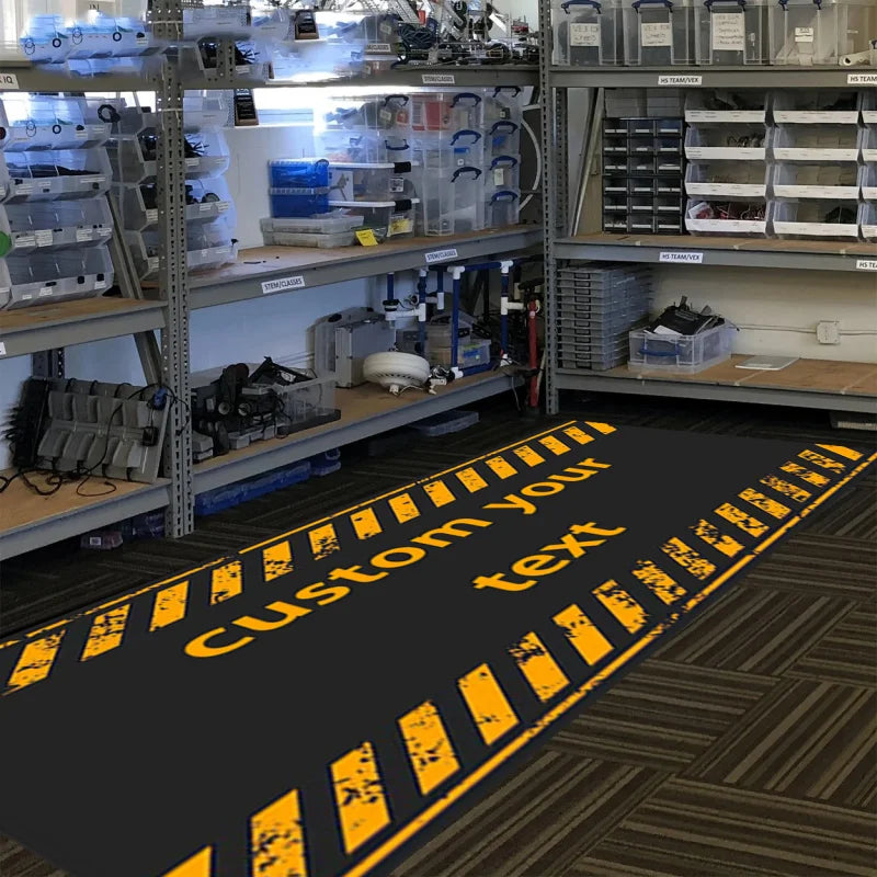 VIKAMA Motorcycle Garage Floor Mat, Warning Stripe Oil-Resistant Workshop Rug, Personalized Biker Decor Carpet