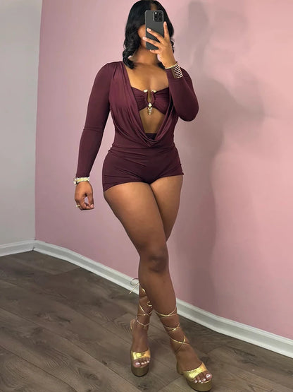 Sisterlinda Swinging Neck Playsuits Women Solid Metal Splice Cleavage Full Sleeve Stretch Sexy Slim Romers Chic Trend Clubwear