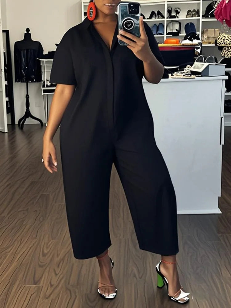 UOOZEE Women's Black White Wide Leg Jumpsuits Loose Short Sleeves Buttoned Solid Color Lapel Collar Casual Romper Streetwear