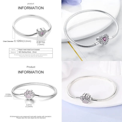 Silver 925 Bracelet Original Bracelets Colorful Zircon Heart Flower Cat Snake Chain For DIY Charms 17-20CM Luxury Jewelry Gifts
