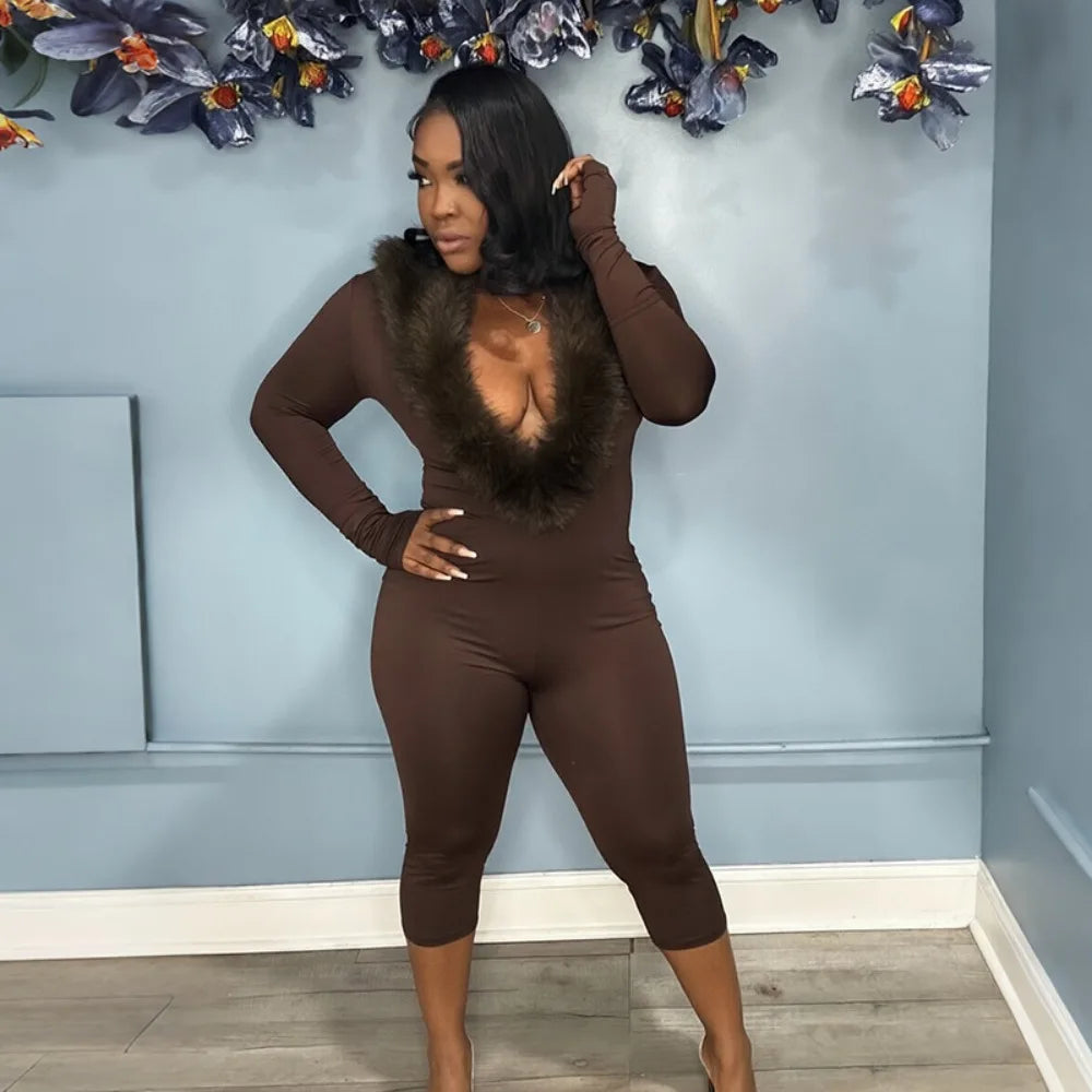 FLARORA Sexy Faux Fur Patchwork Capri Jumpsuits Woman Deep V Neck Full Sleeve Skinny Peach Hip Midnight Party Clubwear Overalls