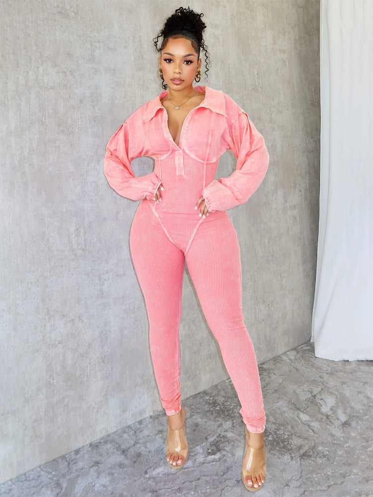 CM.YAYA Fashion Women Knit Ribbed Long Sleeve Moto Biker Jumpsuits 2024 Autumn Washed Street Playsuit One Piece Suit Romper