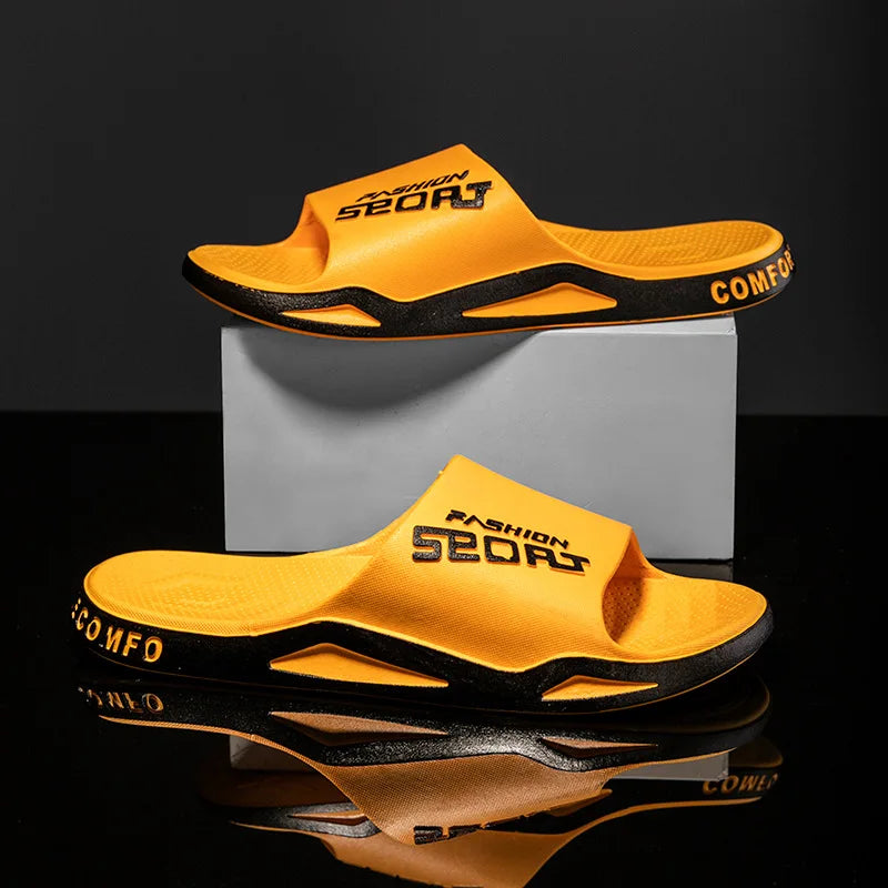 Men's Letter Print Slide Sandals Color Block Thick Sole Sport Slippers 2026