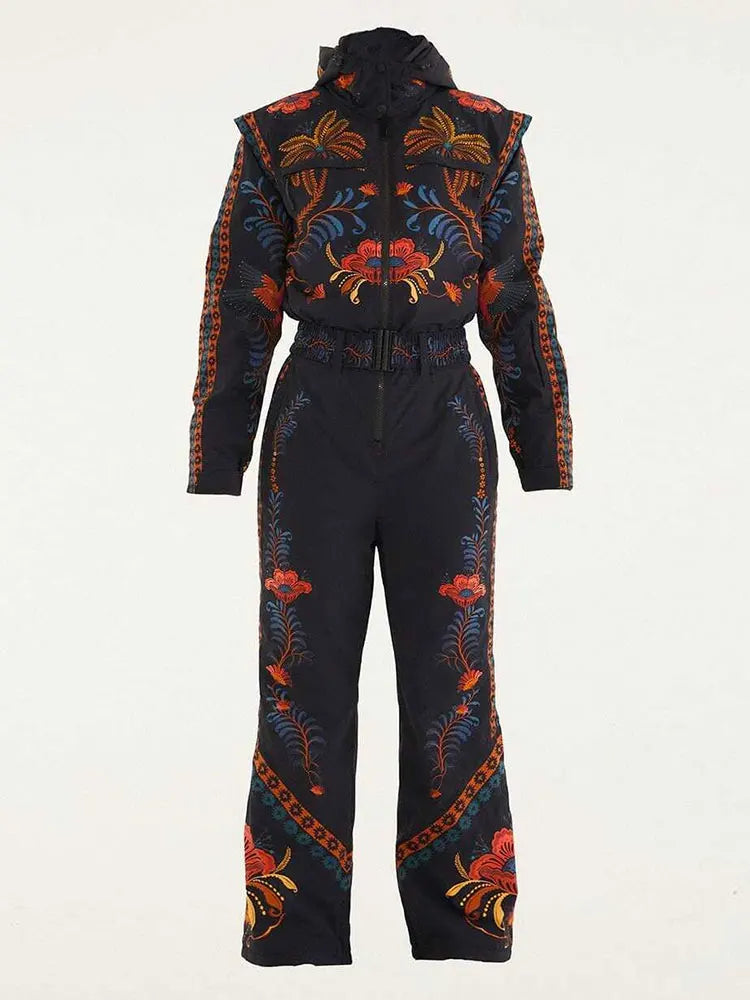 Vintage Printed Women's Ski Jumpsuits Full Sleeve Zippers Stand Collar Pocket Lady Rompers 2026 Autumn Winter Female SkiWear New