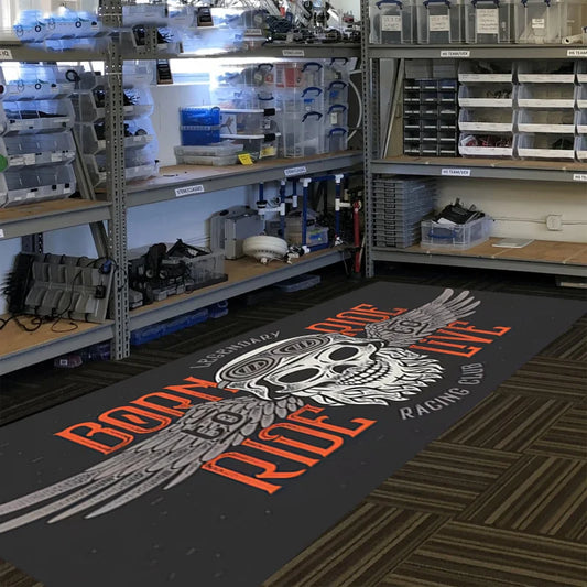 VIKAMA Born To Ride Skull Wing Motorcycle Rug, Biker Racing Club Garage Floor Mat, Vintage Retro Workshop Decor Carpet