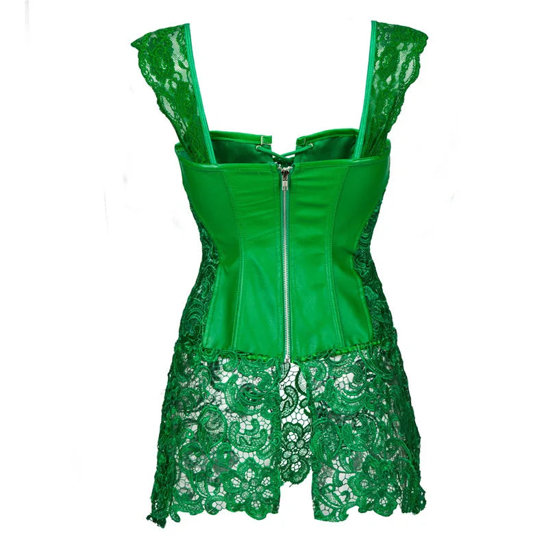 Women's Steampunk Gothic Overbust Corset Dress Lace Up Zipper Back Punk Faux Leather Bustier Lingerie Plus Size