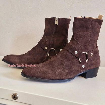Autumn Winter Retro Chelsea Boots for Men Metal Ring Suede Leather Pointed Toe Short Boots British Style Trendy Men's Shoes