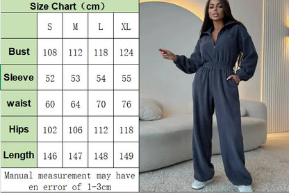 FSMG Casual Long Sleeve Half-Zip Sports Jumpsuits Women's Solid Loose Lapel Elastic Waist Tracksuits Comfy One-Piece Lounge Set
