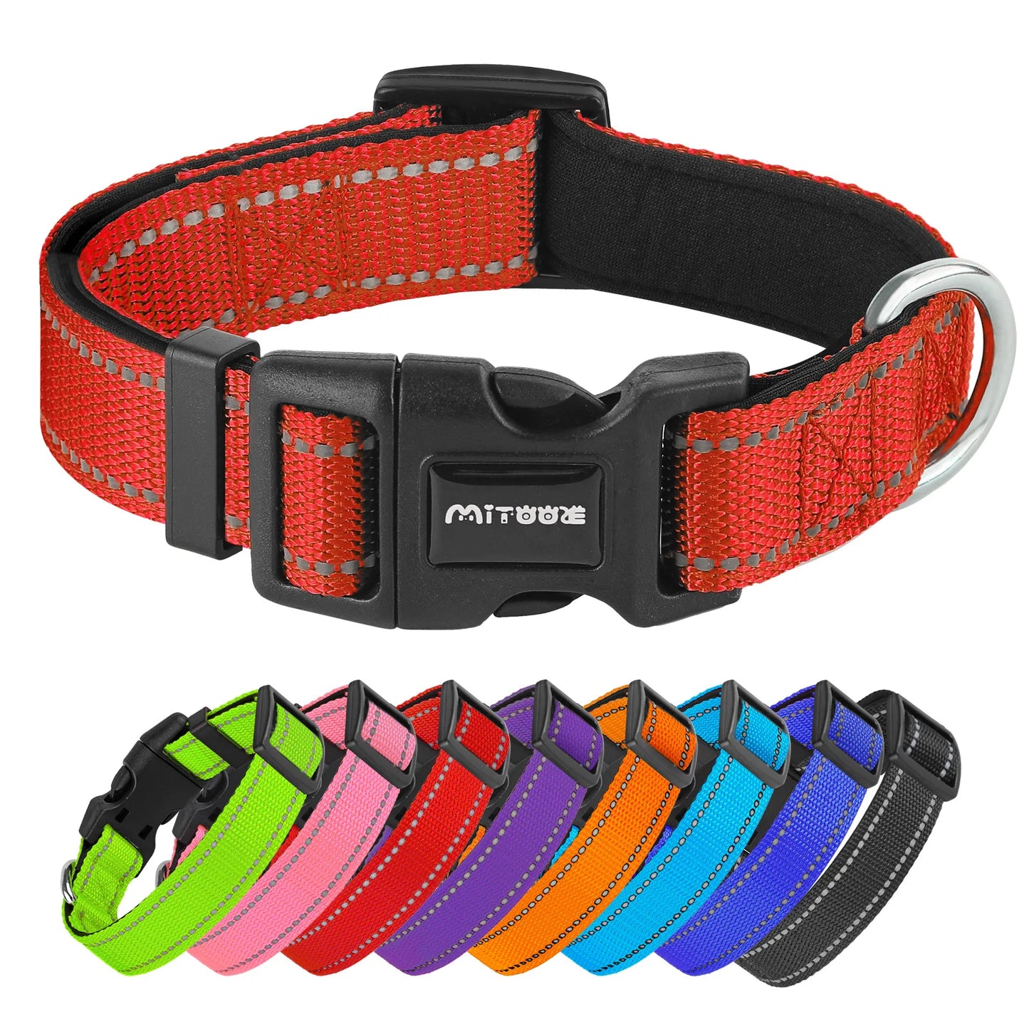Reflective Adjustable Padded Dog Collar Soft Breathable Pet Neck Strap for Medium Large Dogs Durable Safety Collar for Night