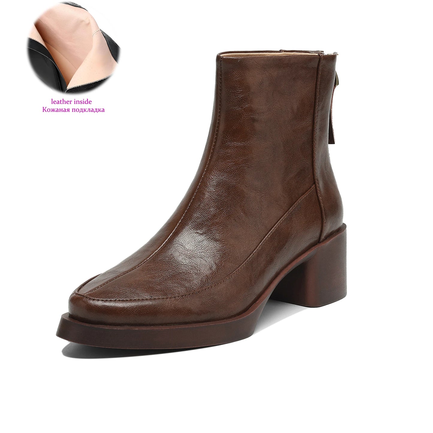 Plus Size 34-43 Cow Skin Round Toe Zipper High Heels Modern Motorcycles Boots Warm Winter Shoes Dating Retro Brand Ankle Boots