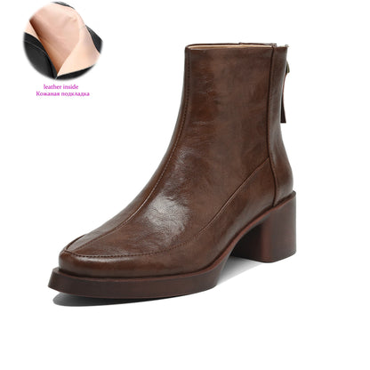 Plus Size 34-43 Cow Skin Round Toe Zipper High Heels Modern Motorcycles Boots Warm Winter Shoes Dating Retro Brand Ankle Boots