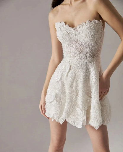 ZanBan Luxury Full Beads Lace Mini Short Wedding Dresses Sweetheart Sleeveless Bride Dress Formal Prom Dress Customized