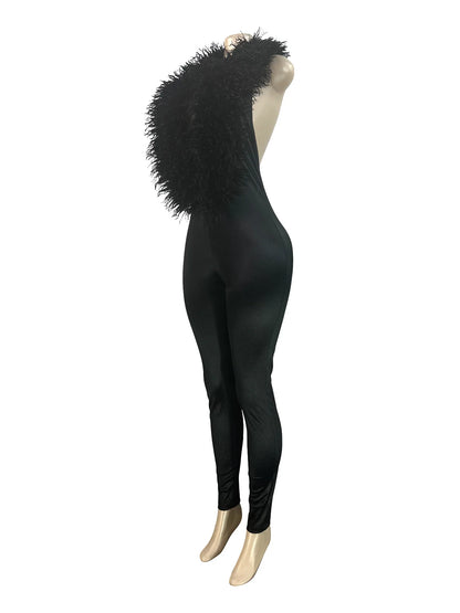 Sexy Fashion Jumpsuits Woman Furry Patchwork Low-Neck Backless Sleeveless Skinny Peach Hip Midnight Club Party Overalls