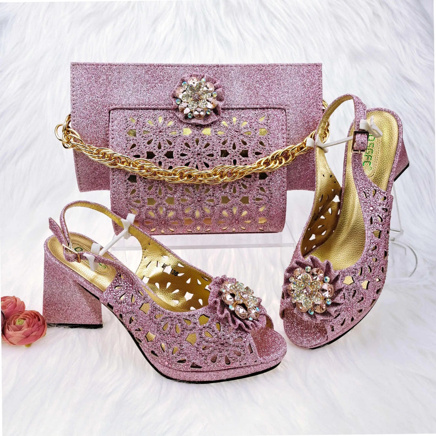 Mature Style Women Shoes and Bags Set 2023 Spring New Design Rose Gold Color Italian Sandals with Shinning Crystal for Party
