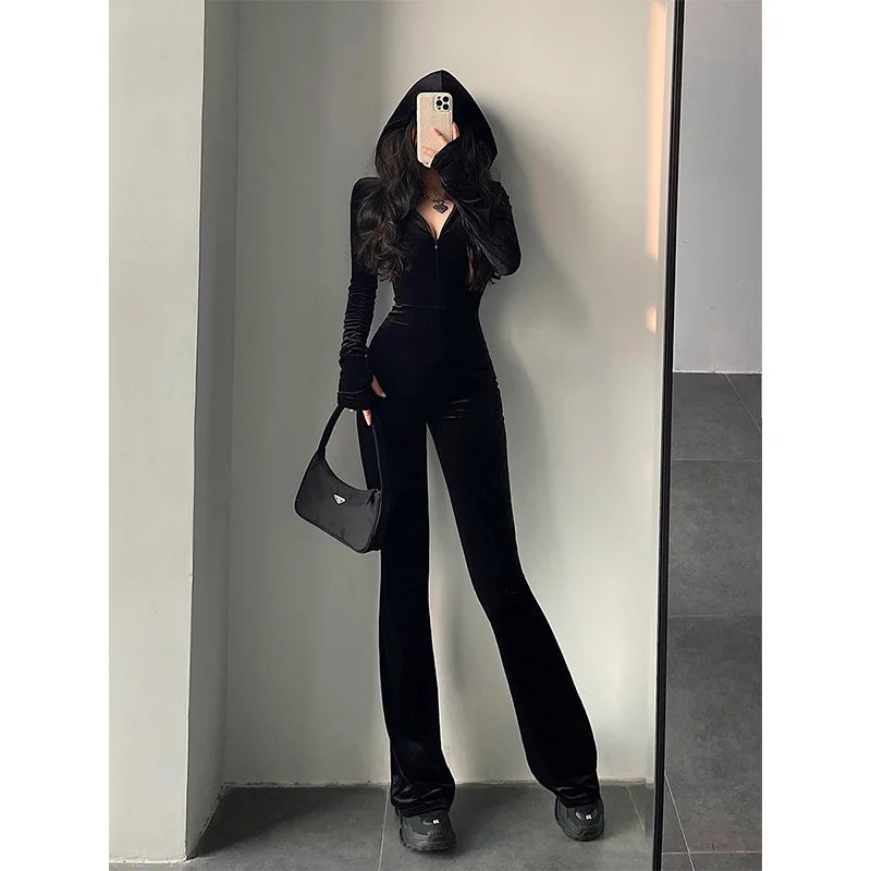 WOMENGAGA Fashion Black Velvet Slim Hooded Zipper Long Sleeve Flare Pants Jumpsuit Rompers Korean Sexy Hot Tops 2022 9P64