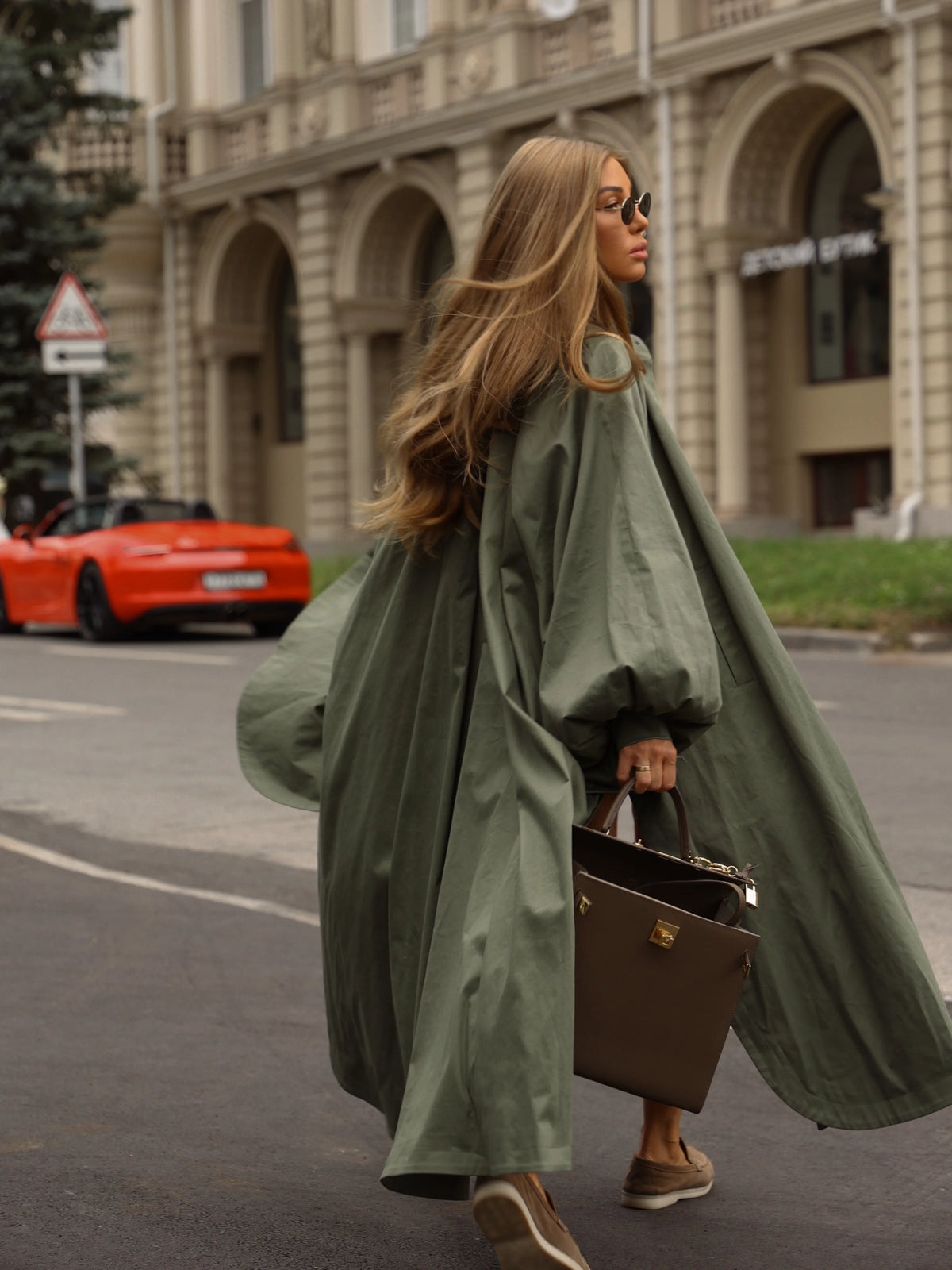 Women's Brown Stand Up Collar Long Long Trench Coat  Lantern Sleeve Side Slit Loose Windbreaker 2026 Spring Autumn Fashion Coat