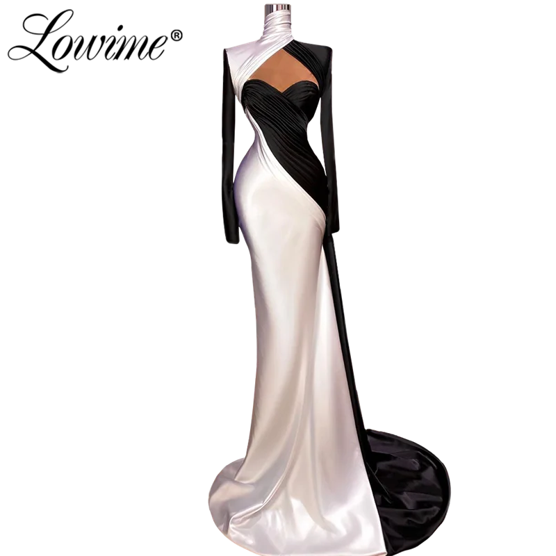 Formal Long Sleeves Black and White Evening Dresses Mermaid Plus Size Elegant Prom Party Dress Vestido De Fiesta Customized 2022