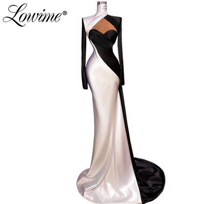 Formal Long Sleeves Black and White Evening Dresses Mermaid Plus Size Elegant Prom Party Dress Vestido De Fiesta Customized 2022