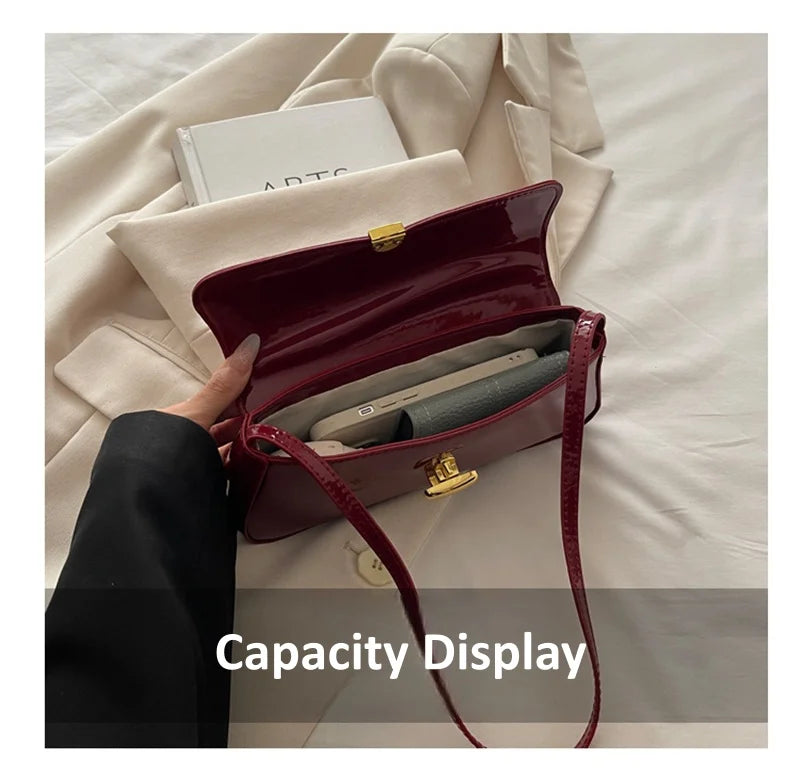 Fashion ladies shiny crossbody bag stylish elegant shoulder bag wine red small underarm bag versatile solid color clutch bag