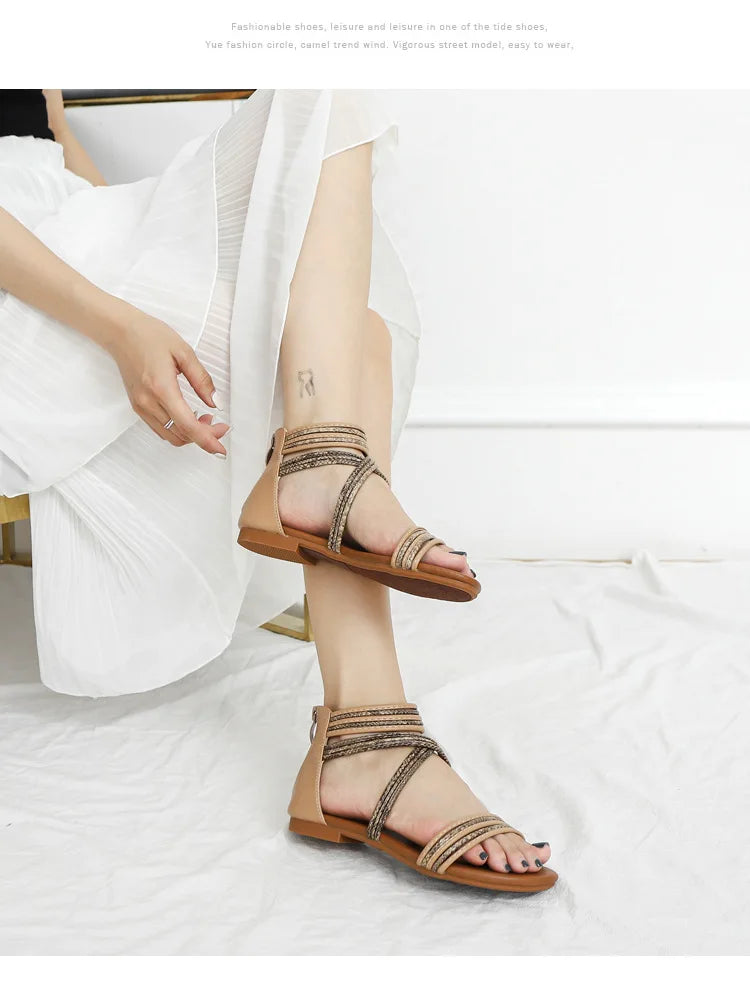 High quality leather flat sandals for women stripe zipper new summer 2026 36 42 open toe casual beach shoe black khaki brown