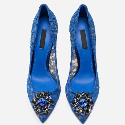 Mesh lace high-heeled shallow mouth shoes 2026 new pointed crystal buckle slim heel fashionable banquet women's single shoes