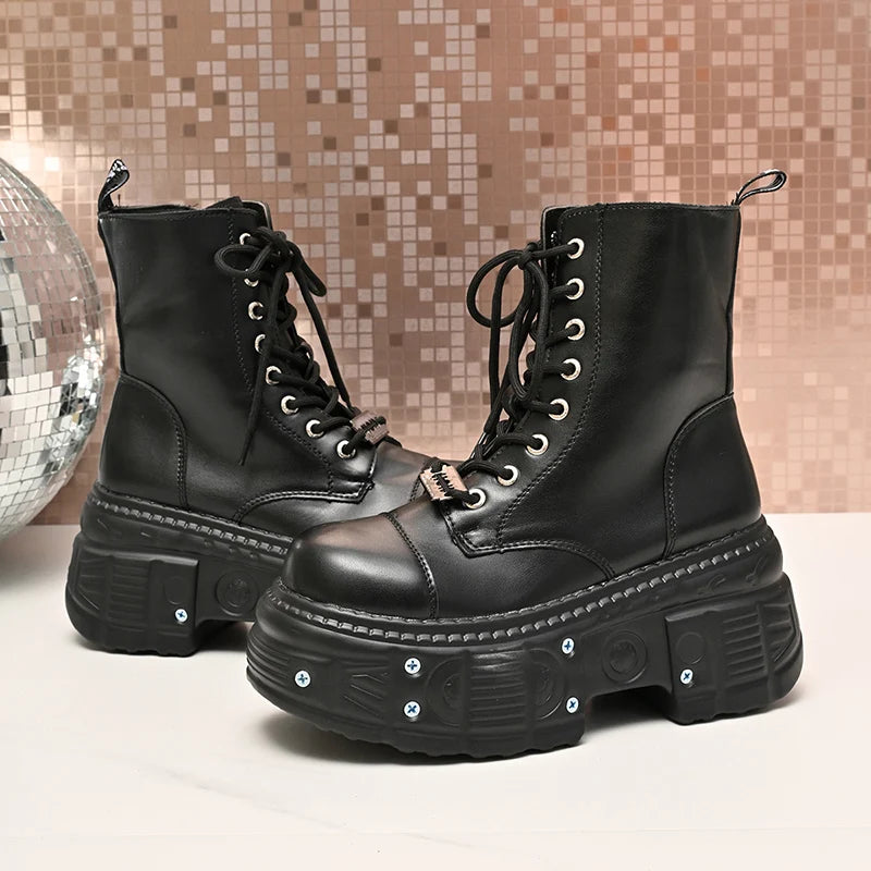Chunky Platform Punk Ankle Boots Women Thick Bottom Metal Rivet Combat Booties Woman Autumn Winter Black PU Leather Botas Mujer