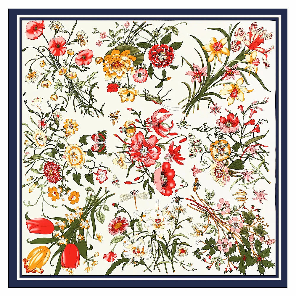 130*130cm Women Luxury Floral Print Twill Silk Scarves Lady Echarpes Bandana Square Scarves Wraps Femme Foulard Pashmina