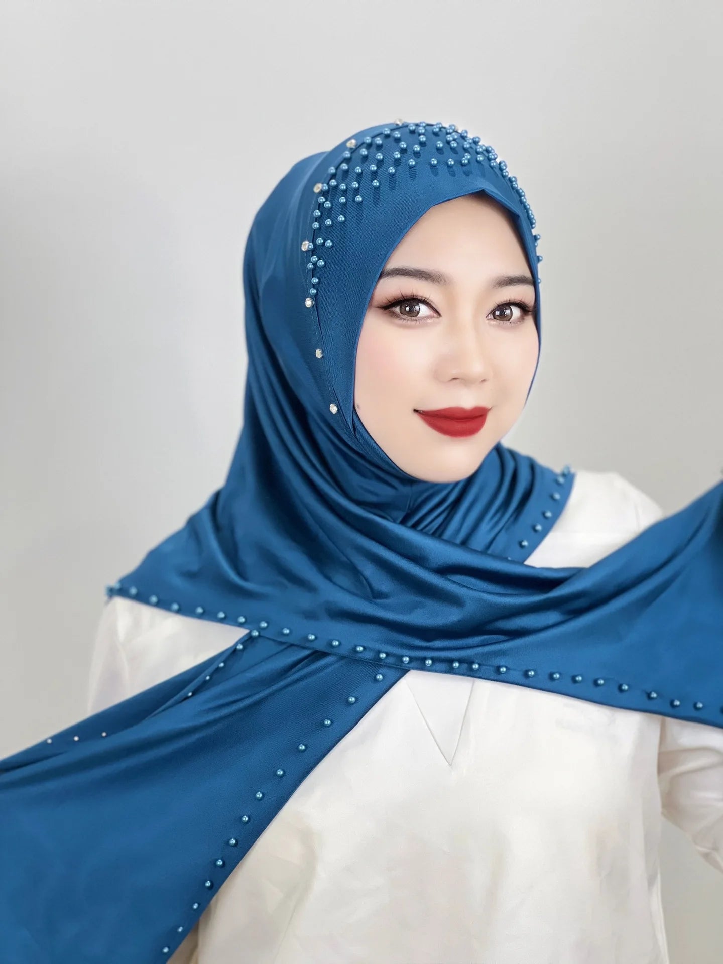 2026 Fashion Versatile Beaded Hijab for Women,Mid-Length Convenient Pull-over Hat Scarf,Malay Shawl Pure Color Women's Headscarf